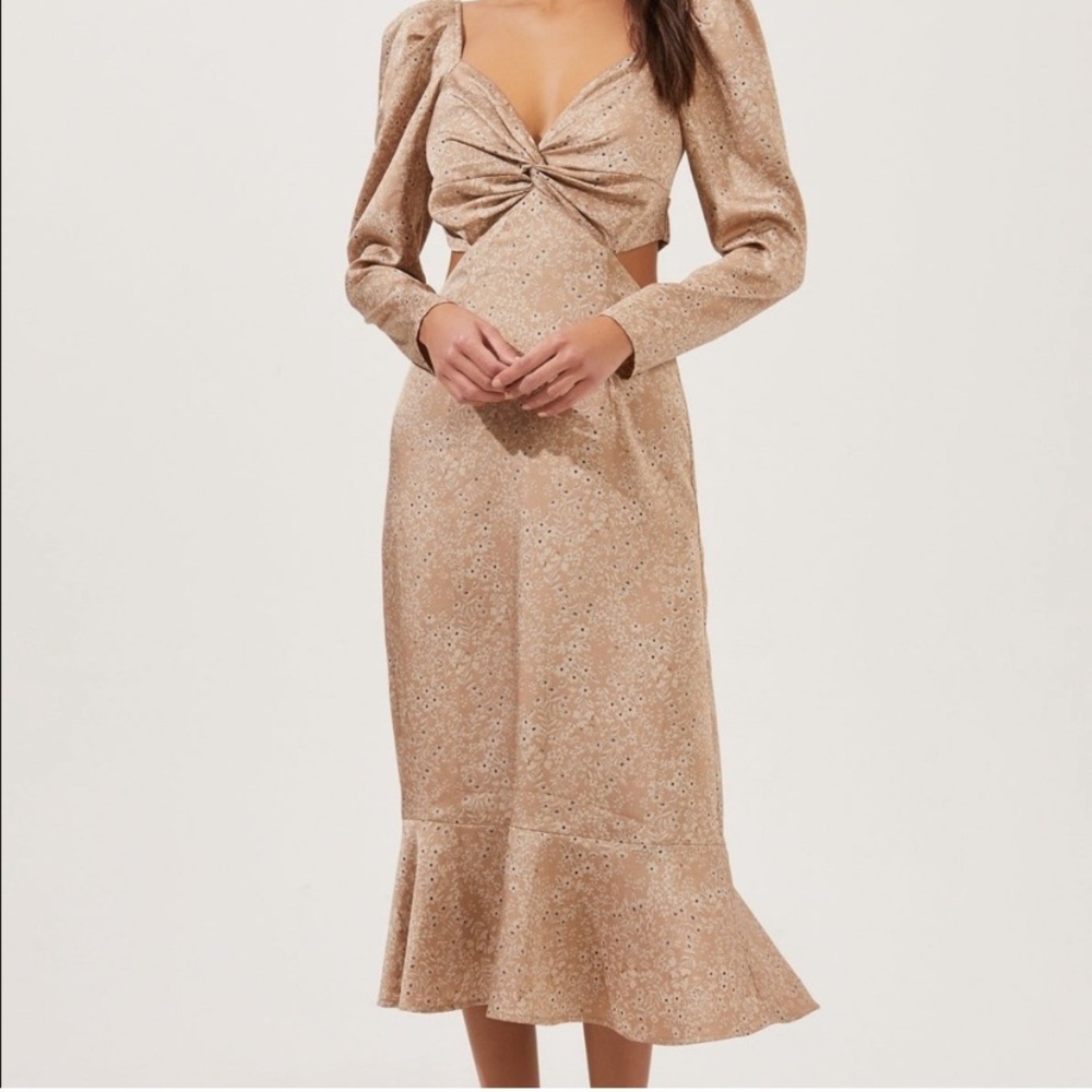 NWT Astr The Label Lainie Long Sleeve Dress. Tie Back. Silky. Size Small. Taupe.